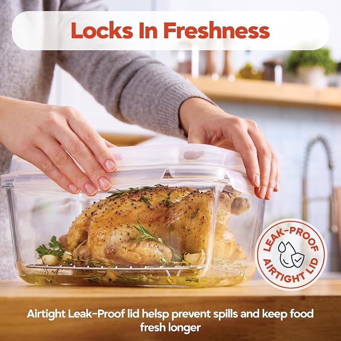 Pexo 6600 ML / 230 oz / 28 Cup Extra Large Glass Food Storage Container with Stainless Steel Rack for Broiling, with Airtight Locking Lid, Clear Jumbo Size, Ideal Storing food, Vegetables, Fruits. Baking Casserole, Lasagna, Roasting Turkey, Chicken BPA...