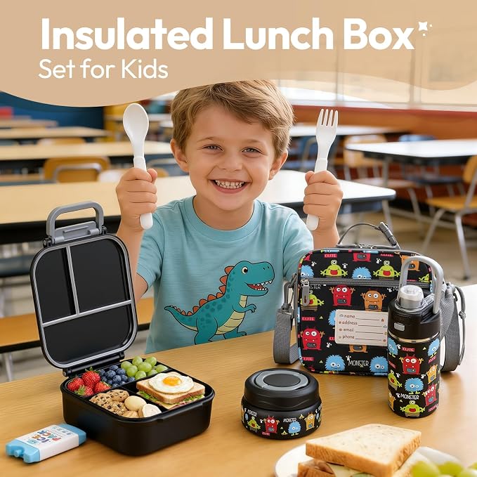 Itslife Bento Box for Kids Set, Insulated Food Container,Kids Lunch Box, 7 oz Thermos for Hot Food, 12 oz Thermos Water Bottle, Reusable Insulated Ice Bag & Fork Spoon Utensils Camping Travel Black