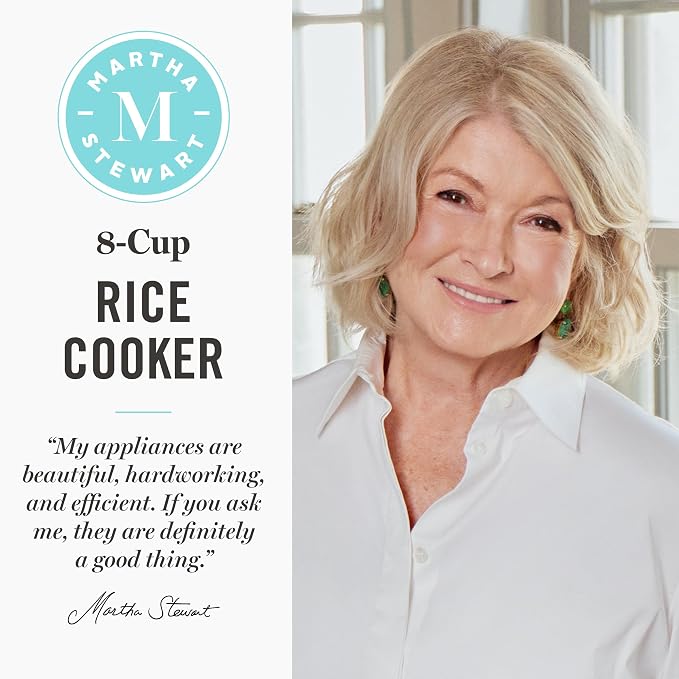 Martha Stewart Rice Cooker, 4 Cup (Uncooked) / 8 Cup (Cooked), Ceramic Non-Stick Removable Pot, Keep Warm, Measure Markings, Steam Basket, Brown & Sushi Rice, Quick Cook, Quinoa, Grains, Oats, Indigo Blue