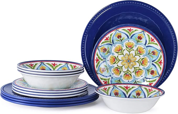 Melamine Dinnerware Sets, 12Pcs Durable Plates and Bowls for 4, Lightweight Dishes Dinnerware Sets for Indoor and Outdoor Use, Dishwasher Safe BPA free (Retro Style)