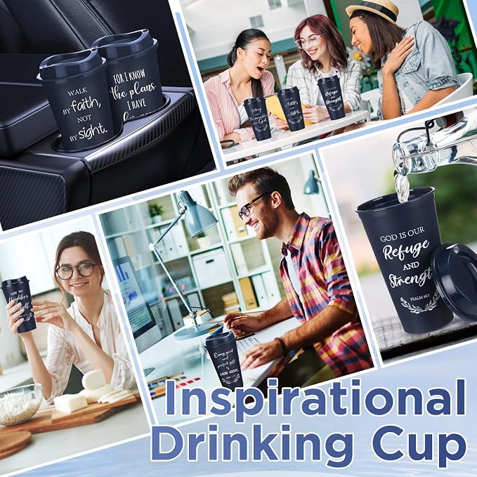 Skylety 40 Pack Bulk Christian Gifts for Men Women 16oz Reusable Bible Verse Tumbler Plastic Coffee Cup with Lid Inspirational Religious Church Gift for Teacher Graduation Party Favor (Blue)