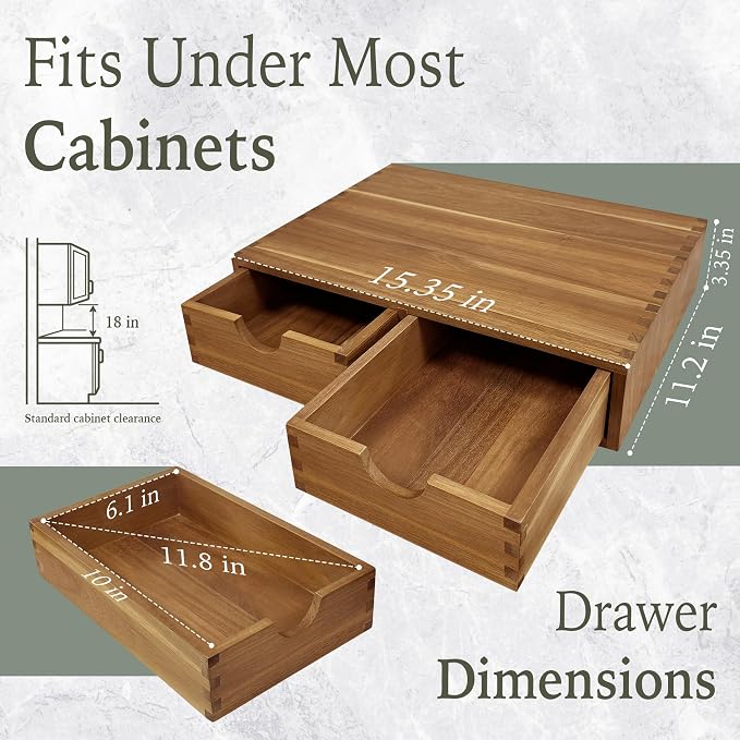 Acacia Wood K Cup Drawer Under Coffee Maker, 30 Pod Wooden K Cup Organizer with Movable Dividers for Countertop, Fits Nespresso Vertuo, Lavazza Capsules, Tea Bags