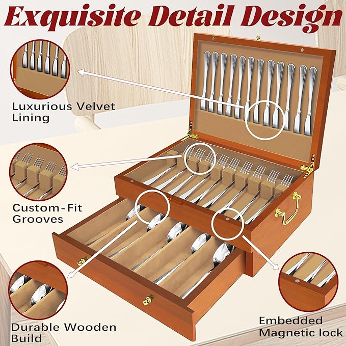 Silverware Storage Box Solid Wood with Lid, Silverware Organizer with Handle and Felt Lined, Silverware Storage Chest for Flatware and Utensils Home Decor Gift, Chest for Flatware (Oak, 2 Layer)
