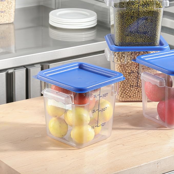 EGGKITPO 4 Pack 4 QT Food Storage Containers with Blue Lids Hot Cold Resistant Stackable Square Commercial Container Set with Handle, Clear Scarle Home Party Food Organizion BPA-Free Polycarbonate