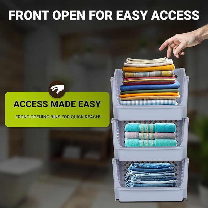 TidyFriend 3 Pk Large Stackable Storage Bins Open Front for Pantry Organizers & Storage, Pantry Storage for Food, Kitchen & Home Organization, Plastic Storage Bins, Dorm Room Essentials (Light Grey)