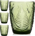 Green Drinking Glasses Set of 4, 10 oz Hand-Pressed Old Fashioned Glass Cups, Fern Textured Retro Lowball Tumblers, Vintage Glassware for Water, Whiskey, Wine, Cocktails & Juice, Housewarming Gift Set