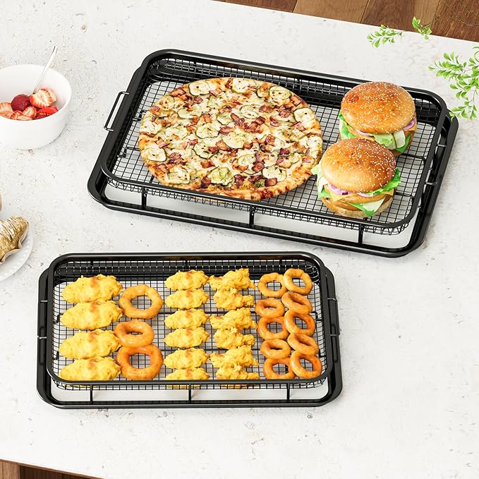 Air Fryer Basket for Oven,2 Set Stainless Steel Air Fryer Basket and Tray Set with 60 Sheets Parchment Papers,THORSES Non-Stick Air Fryer Pan and Crisper Tray-Black Large14.88"×10.98"Medium13.4"×9.6"