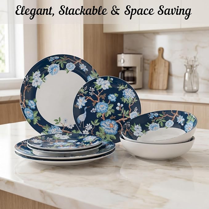 222 Fifth 12-Piece Porcelain Dinnerware Set for 4, Luxury White & Bohemian Blue Plates and Bowls Set, Glossy Ceramic Dish Set with Detailed Floral, Microwave & Dishwasher Safe Dishes, Nightingale