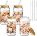 Mumufy 4 Pack Wildflower Glass Cups Gift Aesthetic Cute Glass Cup Tumbler Flower Iced Coffee Mugs 16 oz with Bamboo Lid & Straw, for Wedding Birthday Bridesmaid Mom Baby Shower