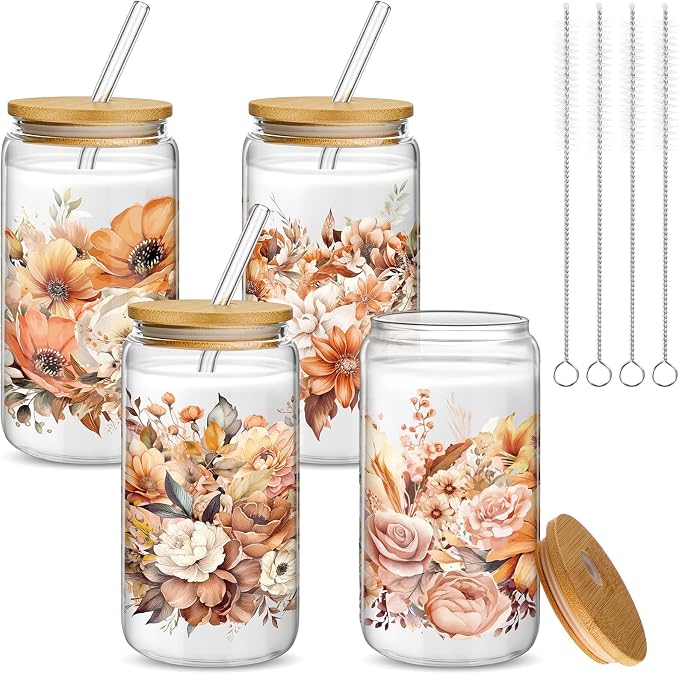 Mumufy 4 Pack Wildflower Glass Cups Gift Aesthetic Cute Glass Cup Tumbler Flower Iced Coffee Mugs 16 oz with Bamboo Lid & Straw, for Wedding Birthday Bridesmaid Mom Baby Shower