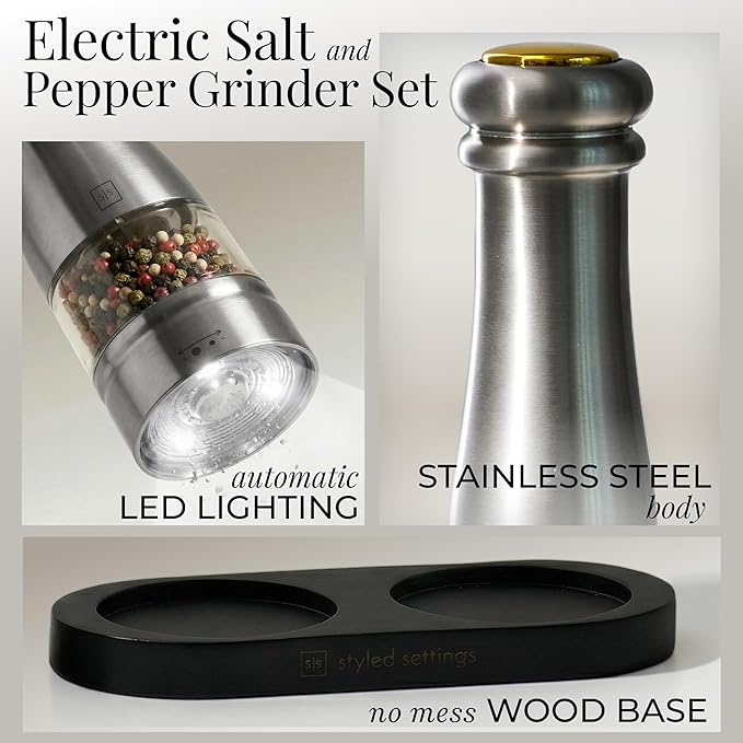 Electric Salt and Pepper Grinder Set - Styled Settings Stainless Steel Salt and Pepper Grinder Set with LED Light, Adjustable Coarseness, Battery Operated, Wood Base