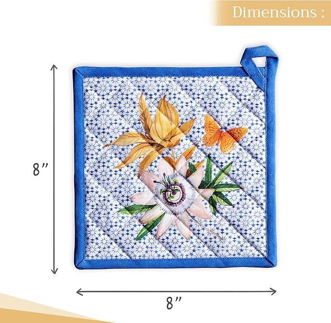 Maison d' Hermine Pot Holders 100% Cotton Heat Resistant Potholders 8" x 8" Hot Pads with Loop BBQ Cooking Baking Gifts for Mothers Day Handling Hot Pans Spring/Summer (Pack of 1, Passiflora)