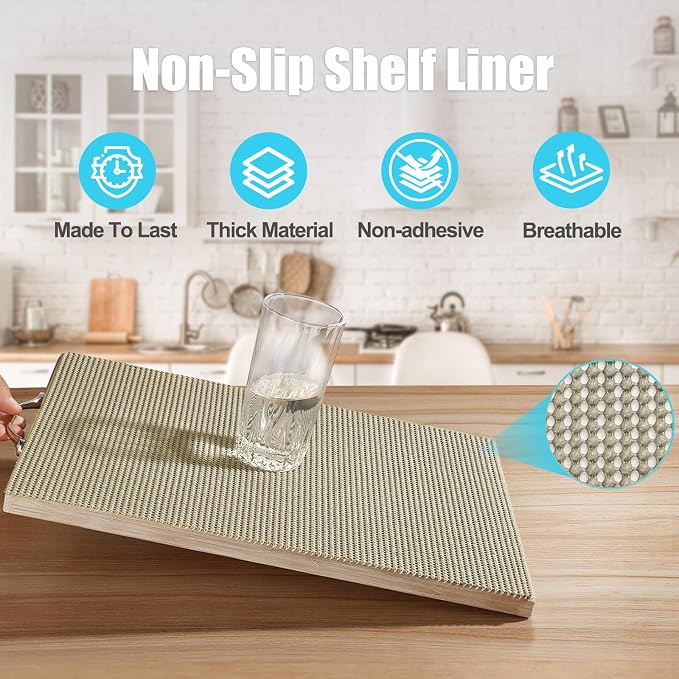 Songrey Non-Adhesive Drawer and Shelf Liner, Non Slip Cabinet Liners, Protect Kitchen Cupboard, Bathroom Drawers, Breathable, Thick Strong Grip mat (20IN x 10FT, Beige)