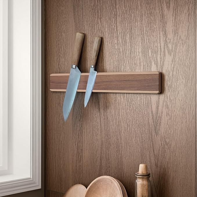 Magnetic Knife Strips for Wall, Solid Wood Knife Magnetic Holder, No-Drill 3-Way Mount & 3M Adhesive Strips, (Walnut Wood, 16 Inches)
