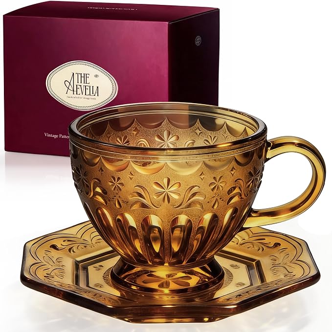 Handcrafted Vintage Glass Coffee Cup and Saucer Set, 12 oz Large Tea Cup with Octagonal Saucer for Coffee, Latte, Tea & Home Cafe, Gift for Women, Microwave & Dishwasher Safe, Golden Amber