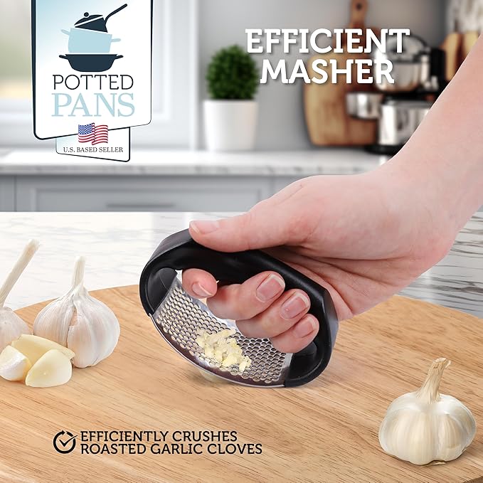Potted Pans Garlic Roster, Pre-Seasoned Cast Iron Garlic Roaster and Garlic Press, Heavy Duty Garlic Roaster with Lid, Garlic Baker Garlic Cooker for Oven, Grill, Stove, BBQ
