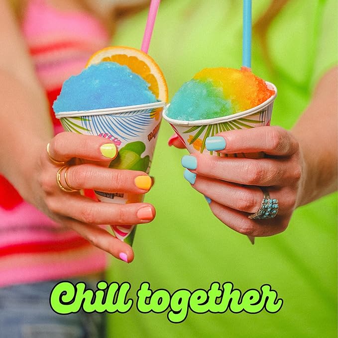 Hawaiian Shaved Ice Syrup Assortment with 6 - 16oz Bottles, 50 Snow Cone Cups, Spoon Straws, and Pouring Spouts. Flavors: Tiger’s Blood, Pina Colada, Blue Raspberry, Grape, Cherry, Lemon-Lime