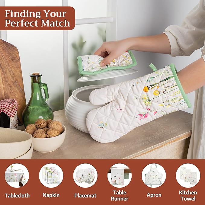 Maison d' Hermine Pot Holders 100% Cotton Heat Resistant Potholders 8" x 8" Hot Pads with Loop BBQ Cooking Baking Gifts for Mothers Day Handling Hot Pans Spring/Summer(Pack of 2, Botanical Fresh)