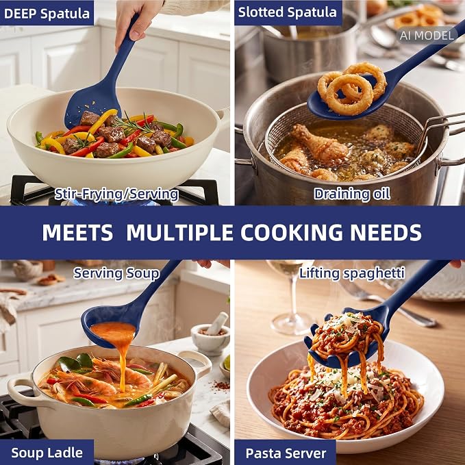 Kitchen Utensils Set,9 PCS Silicone Cooking Utensils Set Spatula Set,Tongs,Spoon,Whisk,Brush,Dishwasher Safe Kitchen Gadgets for Non-Stick Cookware,Home Essential，Kitchen Appliances(Navy Blue)