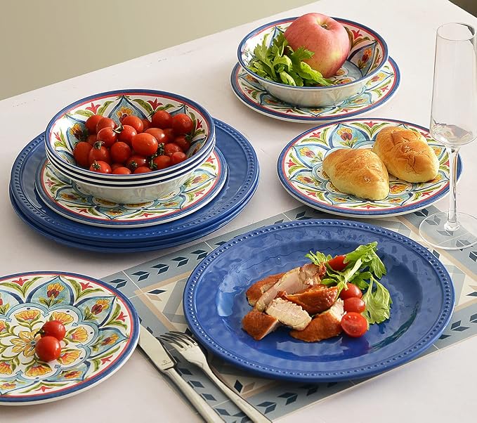 Melamine Dinnerware Sets, 12Pcs Durable Plates and Bowls for 4, Lightweight Dishes Dinnerware Sets for Indoor and Outdoor Use, Dishwasher Safe BPA free (Retro Style)