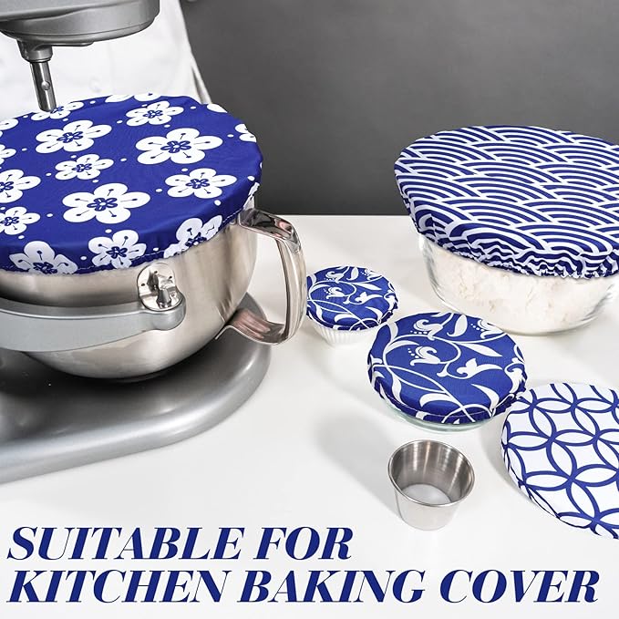Patelai 10 Pcs Bowl Covers Reusable in 5 Size Stretch Cloth Fabric Elastic Food Storage Bowl Covers Bread Sourdough Lids for Proofing Food Fruits Leftover(Blue White,Stylish Style)