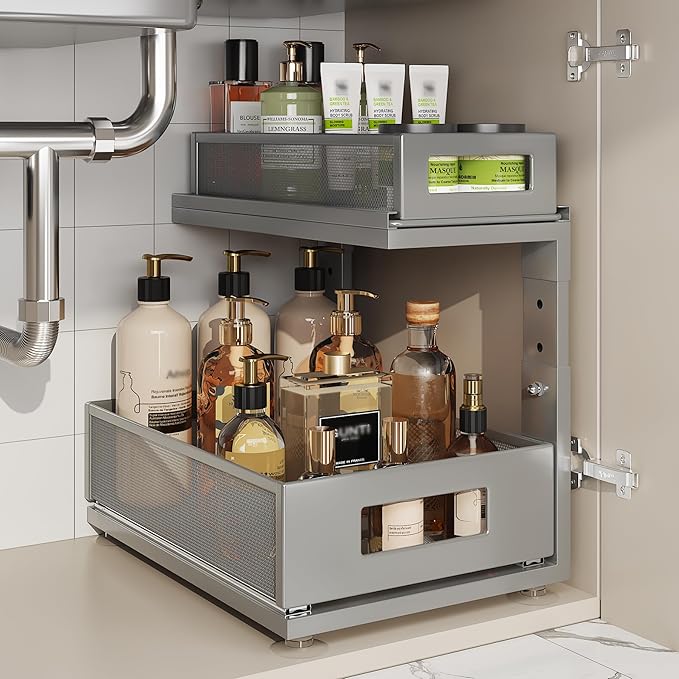 1 Pack 15.74IN-Depth Under Sink Organizer With Next-Gen Ball-Bearing Slides,2-Tier Pull Out Cabinet Storage,Height Adjustable Drawer Shelf for Bathroom,Kitchen,Laundry,Cabinet,Pantry-Gun Gray