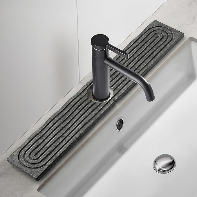 Faucet Mat for Kitchen Sink, Diatomite Fast Drying Stone Sink Tray, Super Absorbent, Prevents Moisture Buildup - Faucet Splash Guard for Bathroom Counter, Kitchen [Dark Grey, 23.6" x 3.9"]