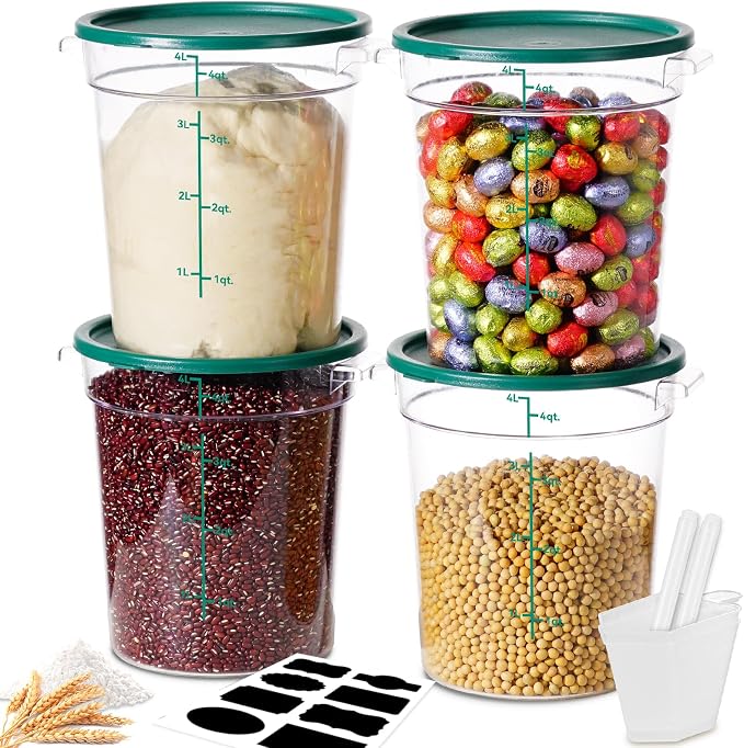 4QT NSF Round Food Storage Containers with Lids: 4 PCS [Total Food Grade][Hot&Cold Resistant] Dough Proofing Container for Pizza, Bread with Measuring Spoons Included(BPA FREE) (GREEN)