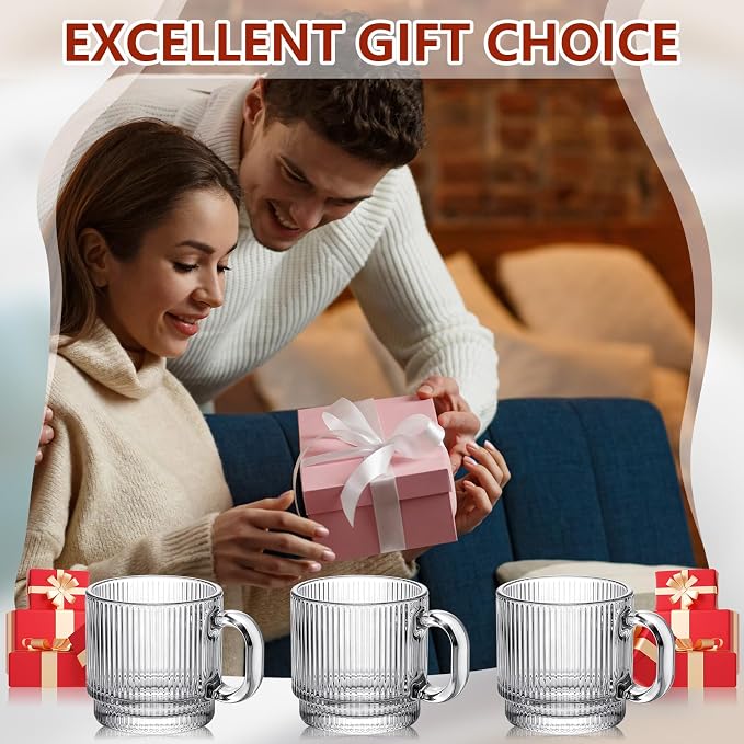 6 Sets of Glass Tea Cups with Saucers Vintage Coffee Mugs 5.6 oz Clear Espresso Cup with Handle Embossed Glassware for Hot Cold Beverages Americano Cappuccino Latte Tea