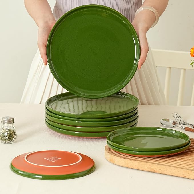 24 Piece Dinnerware Set, Dual Glaze Stoneware Plates and Bowls Sets, Modern Dinner Plate, Salad Plate, Cereal Bowl, Dish Set for 8, Microwave and Dishwasher Safe, Forest Glaze Green
