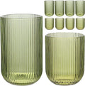 Set of 8 Ribbed Glassware,4 Highball Glasses 14oz & 4 Rocks Drinking Glasses 9oz, Green, Origami Style, Fluted Design, for Milk, Water, Cocktail, Juice, Beer, ToothBrush Cup, Gift