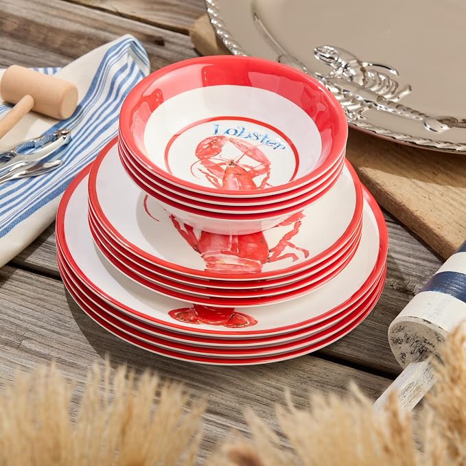 Beach House Lobster 12-Piece Melamine Dinnerware Set – Bold Coastal Charm, Service for 4, Durable, Lightweight, and Dishwasher-Safe