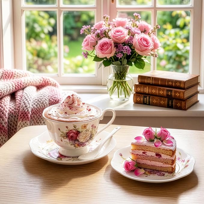 Foraineam Floral Tea Cup with Saucers and Spoons Set of 6 - Coffee Cups and Saucers with Gold Trim - 6 oz Porcelain Ivory Latte Cup and Espresso Mug for Coffee Drinks and Tea