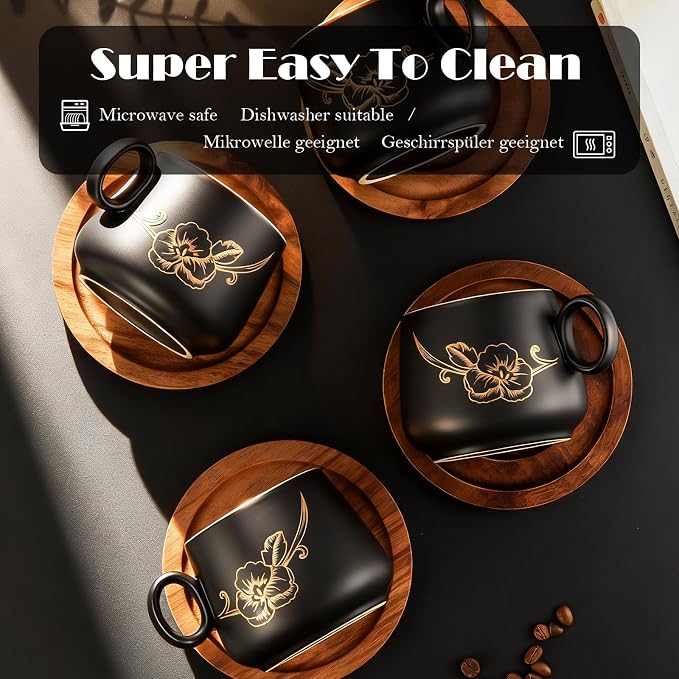 Yundu 10oz Cappuccino Cups & Wooden Saucers Set with Gold Floral Art, Latte Art Cup for Espresso, Coffee & Tea, Modern Matte Black Ceramic Tea Cup Set of 4