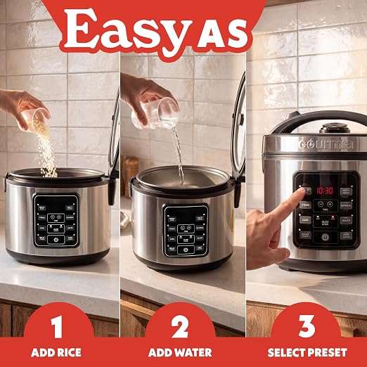 Gourmia Rice Cooker – 3 Qt Capacity, 12 Cup Cooked, 6 Cup Uncooked, Digital Controls, Grain Cooker & Steamer, Built-In Steamer Basket, Nonstick Ceramic Pot, Delay Timer, Keep Warm, Stainless Steel