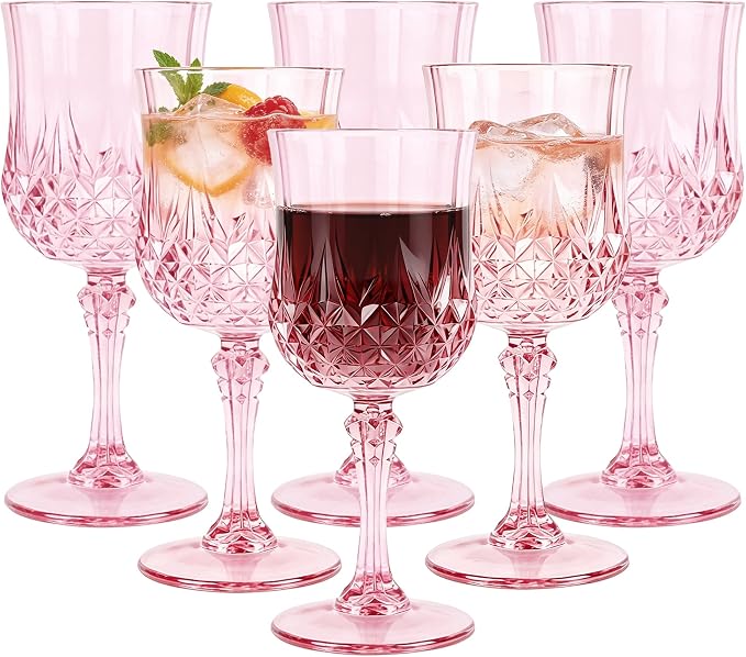 6 Pack Plastic Wine Glasses,10oz Unbreakable Vintage Style Goblets,Reusable Crystal Like Drinking Glass for Wedding Reception, Party Supplies (Pink)