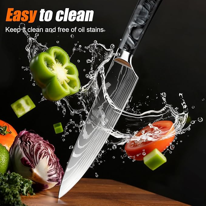 10-Piece Premium Japanese Kitchen Knife Set - Star Collection, Laser Damascus Pattern, 440A Stainless Steel Ultra Sharp for Fast Cutting (Black)