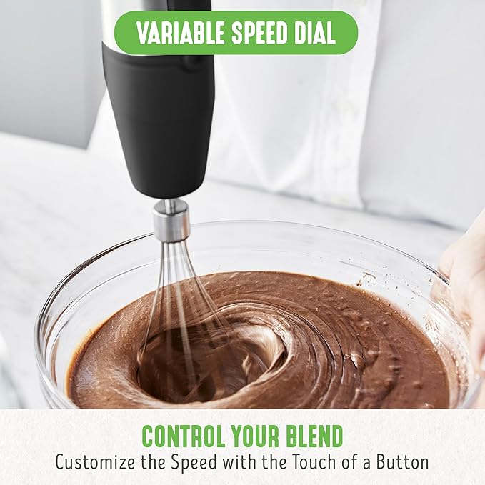 GreenLife 500-Watt Immersion Electric Handheld Stick Blender with Stainless Steel Blades, Whisk, Frother, Measuring Cup and Lid, Soups, Puree, Cake, Multi-Speed Control, Portable, Black