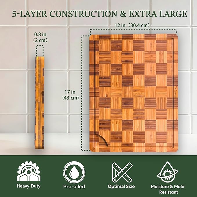 XL Bamboo Cutting Board for Kitchen Extra Large End Grain Wood Checkered Chopping Board with Deeper Juice Grooves Carbonized Wooden Butcher Block for Kneading Dough, Meat, Cheese & Charcuterie