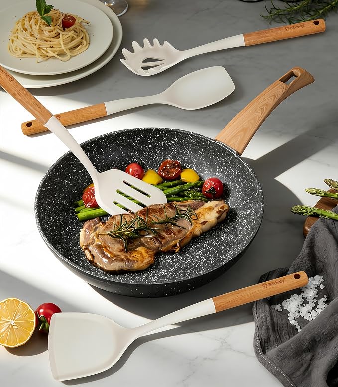 Large Silicone Kitchen Utensils Set with Holder, 25Pcs Cooking Utensil Set with Wooden Handle, Heat Resistant Spatula Sets for Cooking, BPA Free Silicone Utensils Set for Non-Stick Cookware(White)