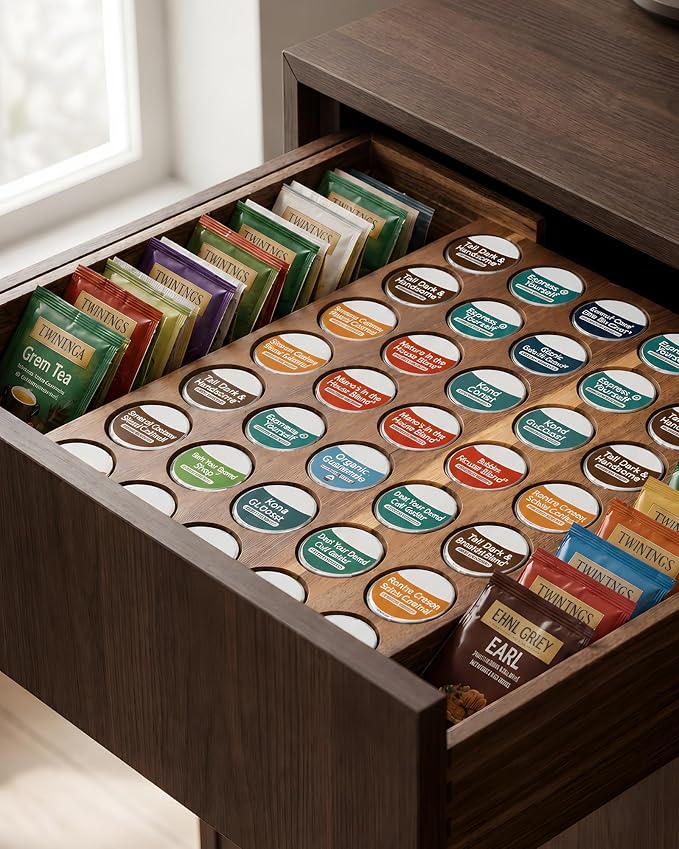 Acacia Wood Coffee Drawer Organizer, 35 Slot K Cup Drawer Organizer, Expandable Coffee Pod Drawer Organizer with Side Pull Out Tea Bag Holder for K Cups and Pods