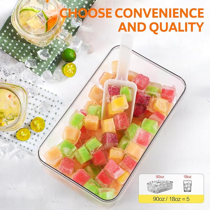 Longzon Ice Cube Tray with Lid and Bin, 56 Pcs Ice Cube Trays for Freezer, Ice Cube Mold, Ice Molds Spill-Resistant Removable Lid & Ice Scoop, Ice Mold for Whiskey Cocktail, Tea, Coffee -Green