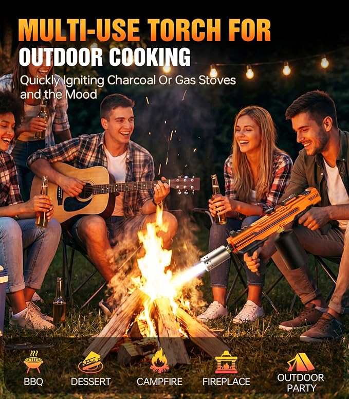 Powerful Propane Torch Gun, Kitchen cooking Torch lighter with Adjustable Flame, Flame Thrower Gun Butane Torch for Searing Steak, BBQ, Campfire, Fireplace (Tank Not Included) (Orange)