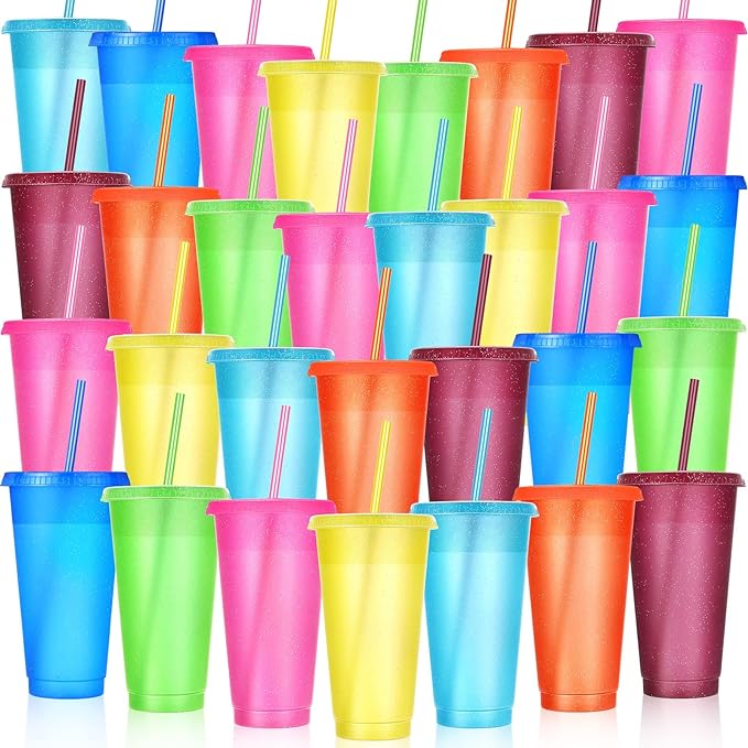 Honeydak 30 Pack Tumbler with Straw and Lid Bulk Cups for Gifts Glitter Plastic Coffee Cups 24-27 oz Reusable Water Bottle Iced Coffee Travel Mug Party Favors for Birthdays Travel (Elegant Color)
