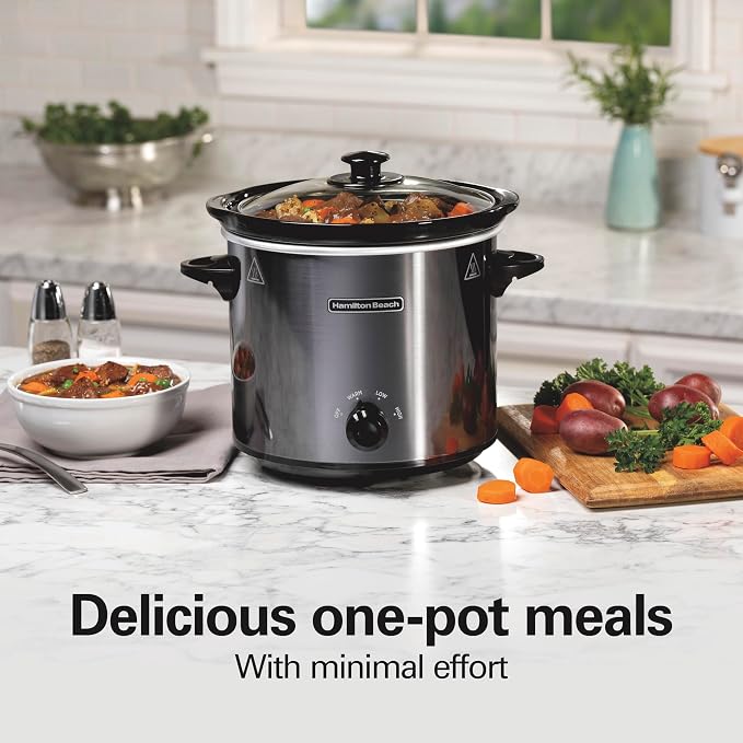 Hamilton Beach 4 Quart Slow Cooker With 3 Cooking Settings | Dishwasher-Safe Stoneware Crock & Glass Lid | Brushed Gray | 33240