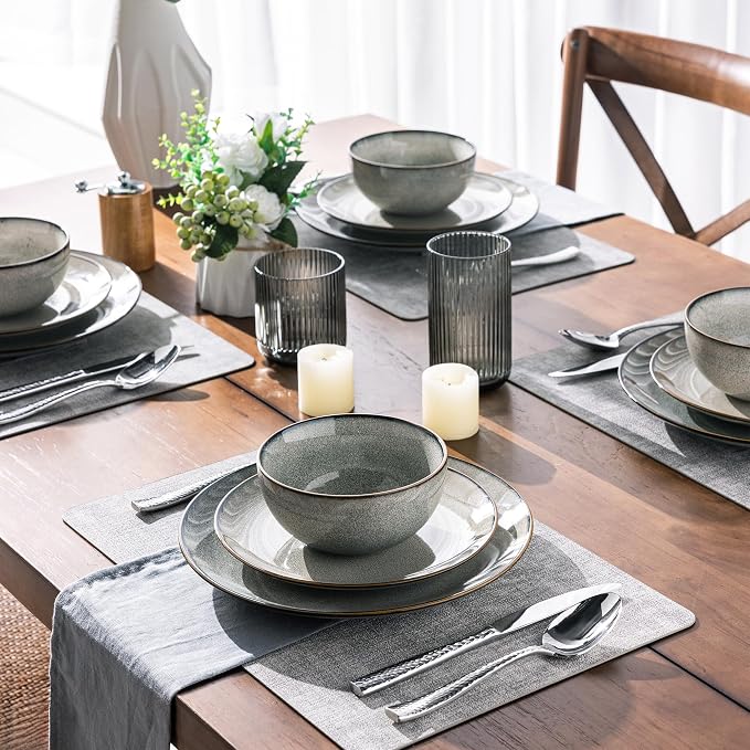 GBHOME Dinnerware Sets for 6, 24 Pieces Stoneware Plates and Bowls Set with Reactive Glaze, Scratch Resistant Stoneware Dishes Set, Dishwasher & Microwave Safe
