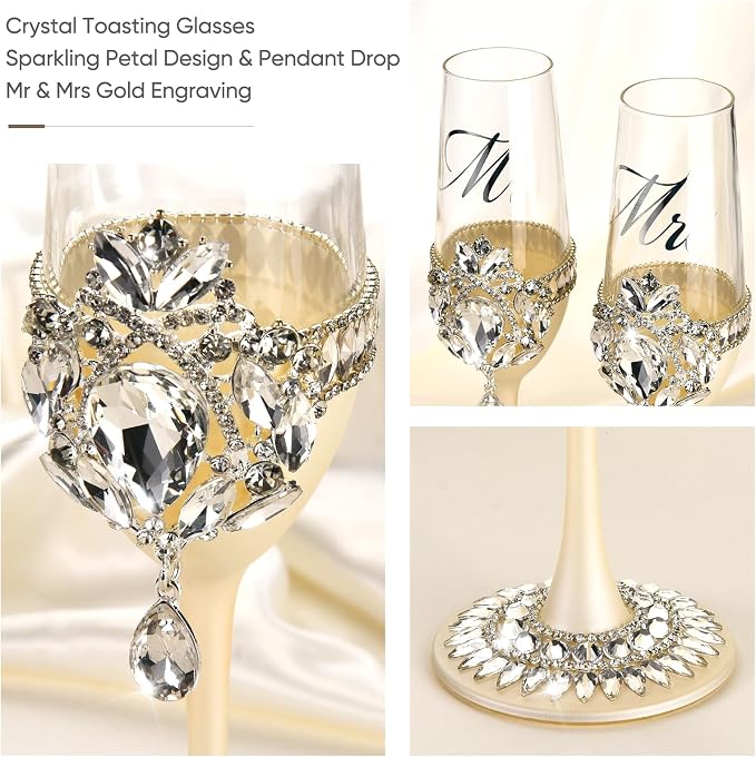 Wedding Cake Knife and Server Set, Luxury Handcrafted Crystal Champagne Flutes with Silver Petal Rhinestones and Pendant, Cake Cutting Set for Wedding, Engagement Gifts for Couples, Gift-ready Box