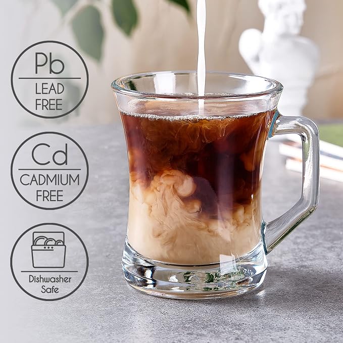 Volarium Glass Coffee Mugs with Handle, 7.5 oz Clear Glass Tea Cups for Hot or Cold Drinks, Set of 6