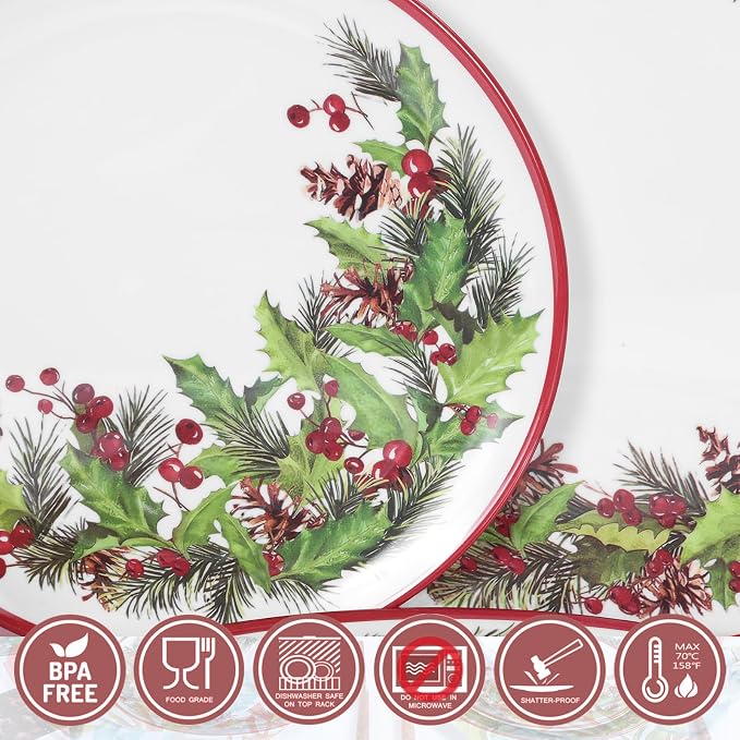 12-Piece Christmas Melamine Dinnerware Set,Holiday Dishes Set，White & Green | Lightweight & Stackable for Home&Party plates,Plate and Bowl Sets Ideal for for Indoor Outdoor Use -Christmas Garland