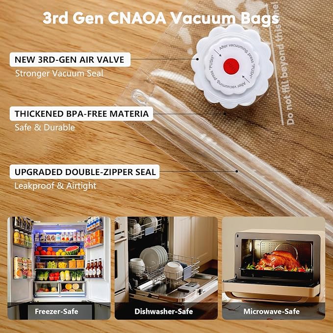 3rd-Gen (9" x 10") 20 PCS Upgraded Reusable High-Seal Bags (Vacuum Sealer Machine Not Included), Compatible with CNAOA Vacuum Sealers